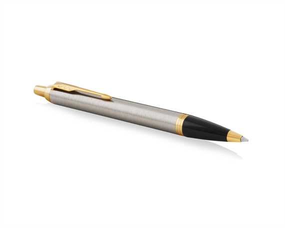 PARKER BALLPOINT PEN IM BRUSHED METAL GOLD TRIM
